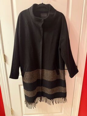 Tahari Black Coat with Tan Woven Stripe and Fringe Hem